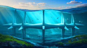 Illustration of tidal turbines harnessing energy in the Pentland Firth.