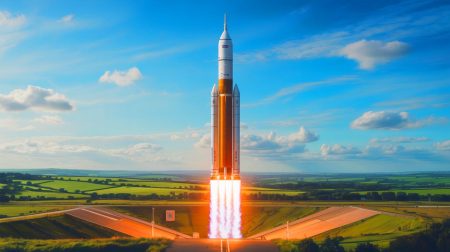 Illustration of Skyrora's Skylark L rocket poised for launch from British soil.
