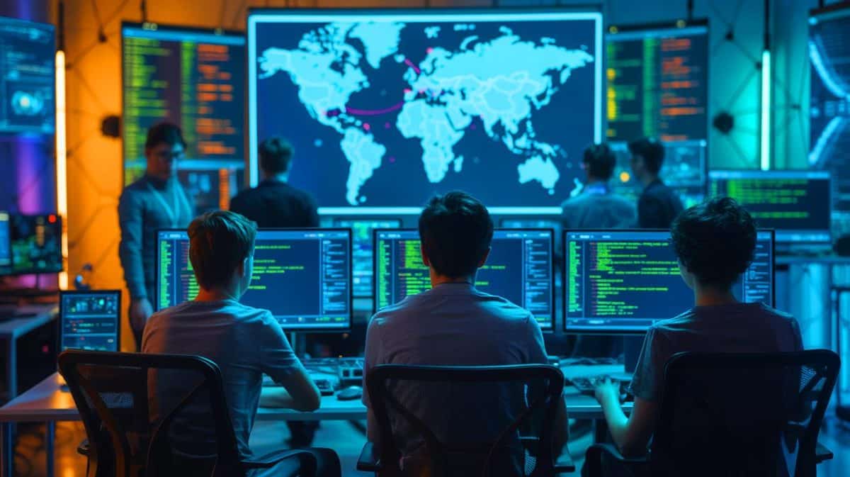 Teen Hackers Could Bring Global Chaos: “Welcome to the Scattered Spider Era” Unleashes Fear Across the World Illustration of young hackers orchestrating cyberattacks on global infrastructures.