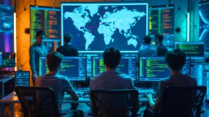 Illustration of young hackers orchestrating cyberattacks on global infrastructures.