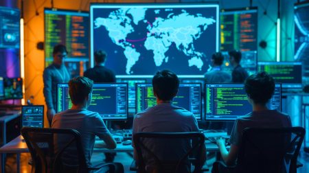 Illustration of young hackers orchestrating cyberattacks on global infrastructures.