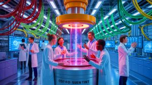 Illustration of CERN and F4E scientists collaborating on fusion energy technology advancements.