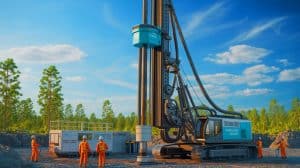 Illustration of hydrogen-powered drilling technology transforming the construction industry with sustainable energy solutions.