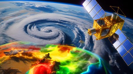 Illustration of Earth observation satellites enhancing disaster response efforts with real-time data and imagery.