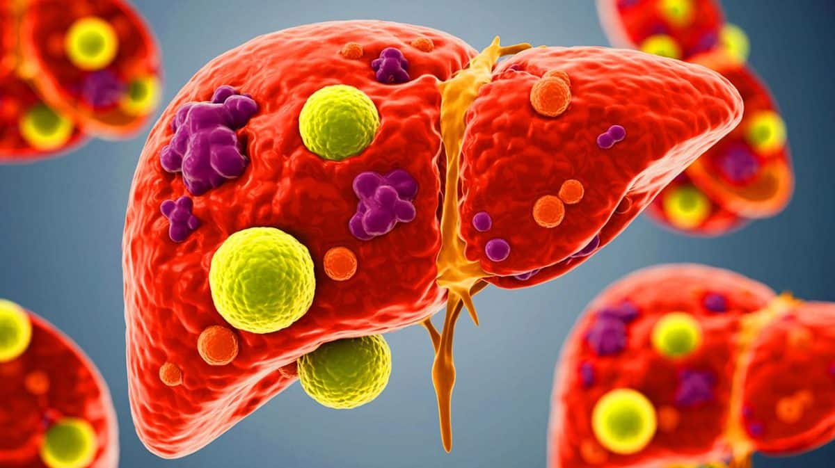 Scientists Expose Terrifying Liver Cell Damage: Is This The Hidden Health Crisis Threatening Millions In 2023? Illustration of how PFAS chemicals affect human liver cells.