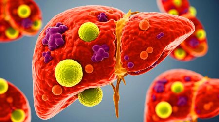 Illustration of how PFAS chemicals affect human liver cells.
