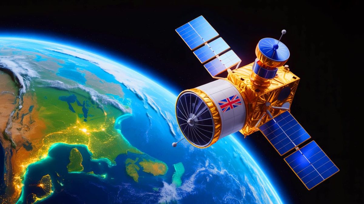 UK’s $300 Million Investment in Satellite Tech Shatters Net Zero Goals: “Unprecedented Leap Forward” Illustration of the UK investing in satellite technology and AI to address climate change and improve accessibility.