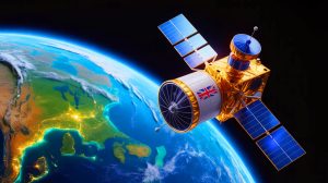 Illustration of the UK investing in satellite technology and AI to address climate change and improve accessibility.