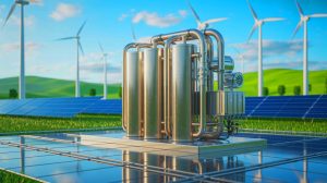 Illustration of hydrogen-iron flow batteries for long-duration energy storage.