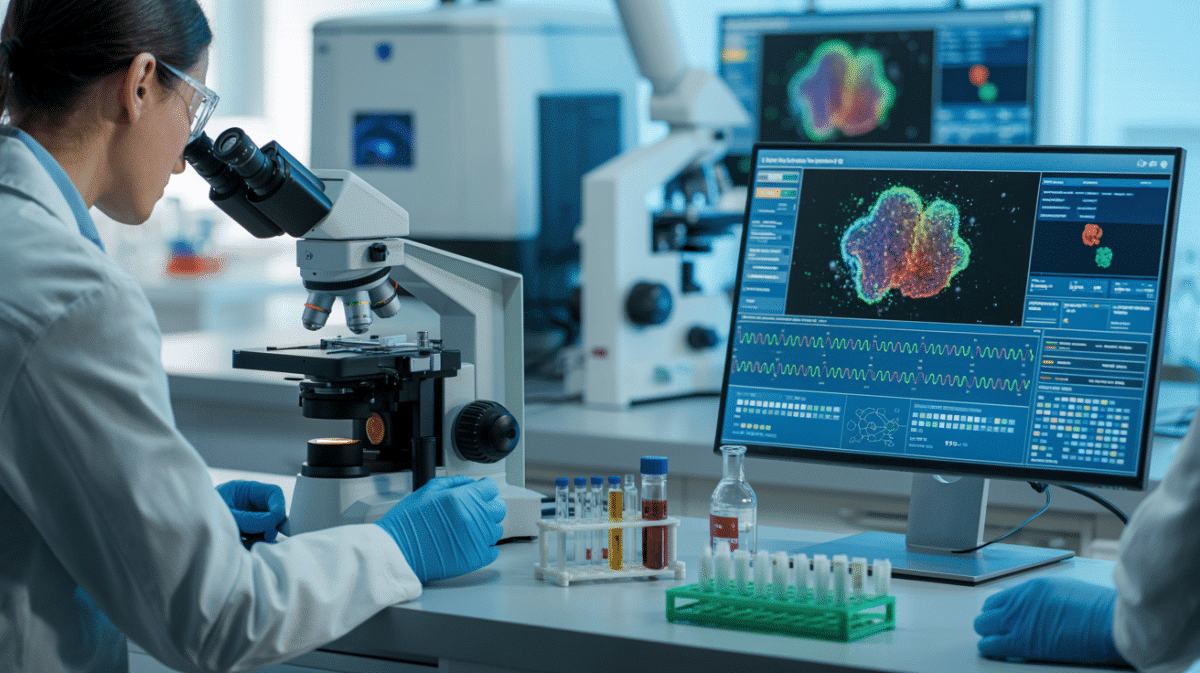 “New Research Shocks: Multiple Myeloma Relapse Risk Is Higher Than You Think” Illustration of researchers conducting dual genetic testing to predict early relapse in multiple myeloma patients.