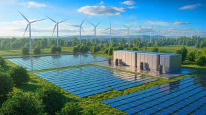Illustration of a hybrid energy storage system integrating renewable sources for enhanced grid stability and long-term storage.