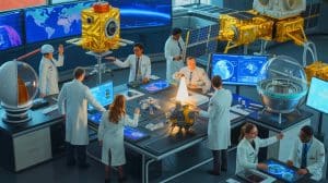 Illustration of the UK Space Agency's international collaboration projects for advancing space technology and innovation.